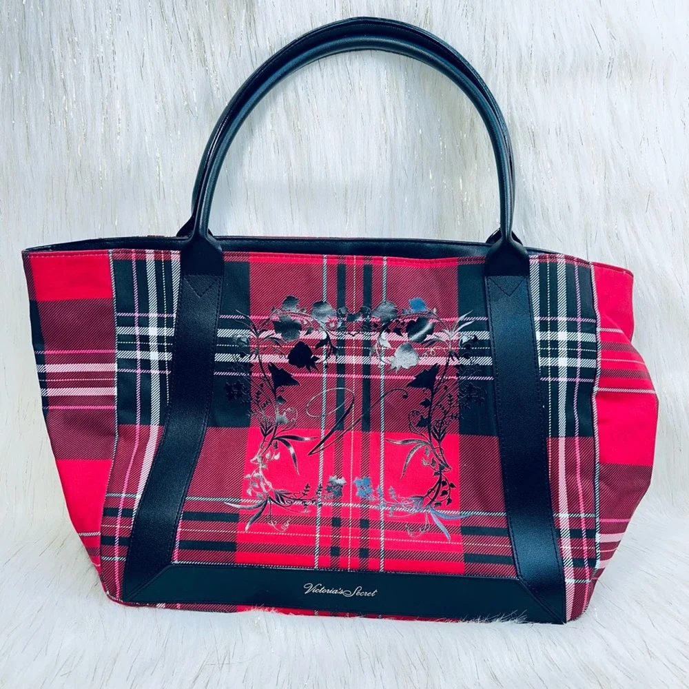 Victorias Secret Womens Tote Bag Multicolor Plaid Embroidered Dual Handle M